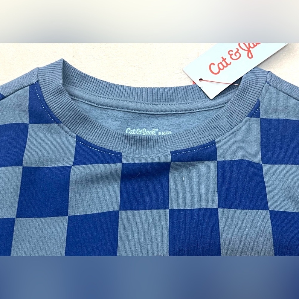 Cat & Jack Children’s Two Tone Blue Checkered Crewneck Boys Sweatshirt 6/7 - Picture 6 of 16